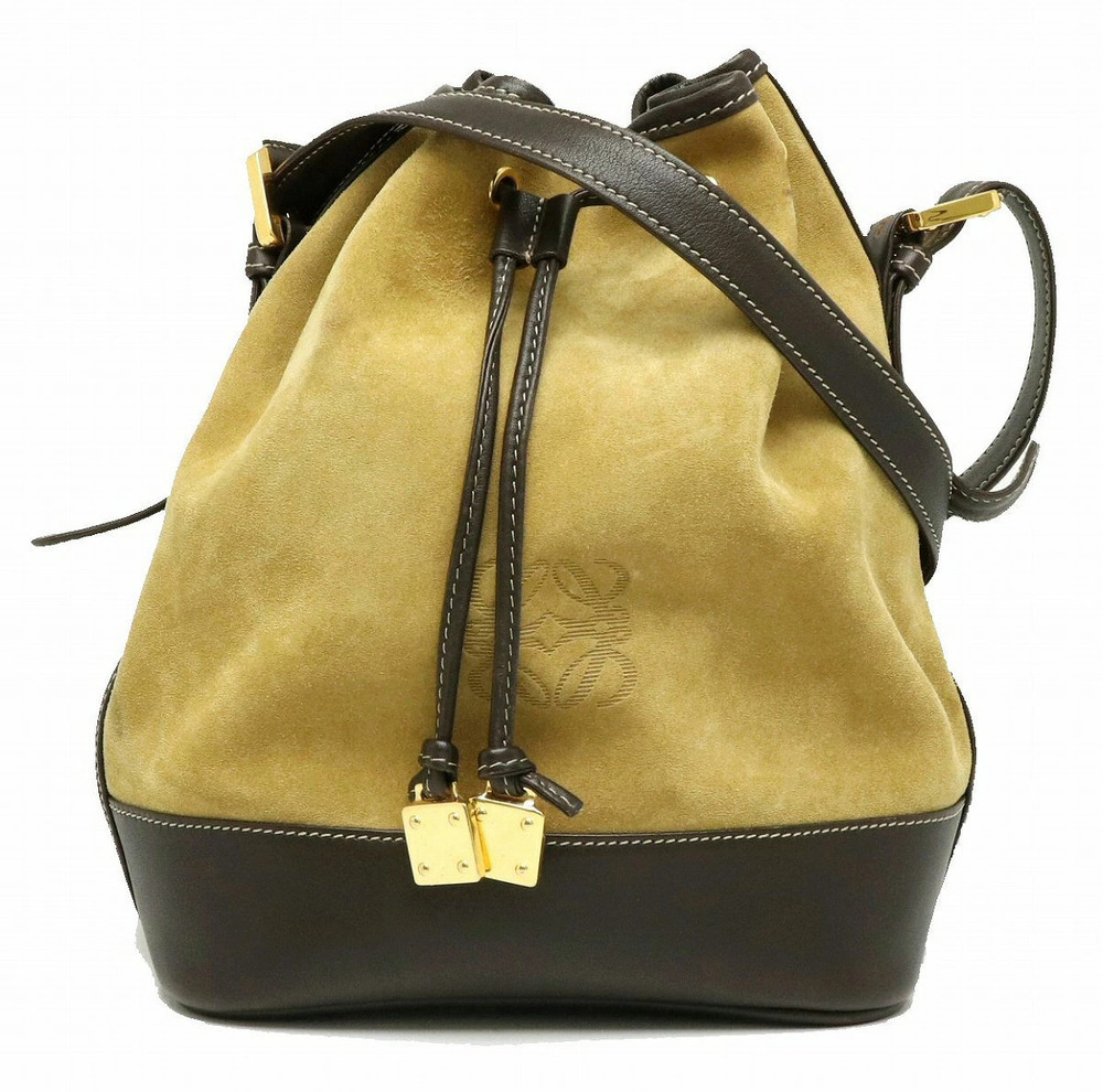 Loewe Shoulder Bag Drawstring Suede Leather Khaki Green Dark Brown